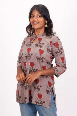  Silver Pink Grey Jahota Hand Block Cotton Kurti 10072359