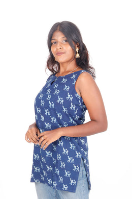 Indigo Camel Motif Hand Block Printed Cotton Kurti 10072371