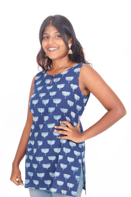 Indigo Bouquet Motifs Hand Block Printed Cotton Kurti 10072372
