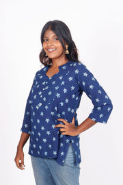 Indigo Star Motif Hand Block Printed Cotton Kurti 10072373