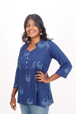 Indigo Peacock Motif Hand Block Printed Cotton Kurti 10072374