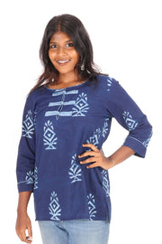 Indigo Tribal Motif Hand Block Printed Cotton Kurti 10072375