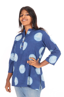 Indigo Circle Motif Hand Block Printed Cotton Kurti 10072376