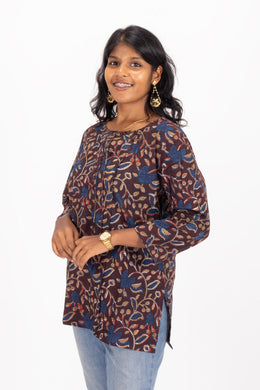 Brown Jahota Hand block Printed Cotton Kurti 10072382