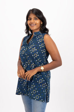 Blue Jahota Hand block Printed Cotton Kurti 10072387