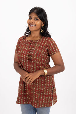 Marron Jahota Hand Block Cotton Kurtis 10072388