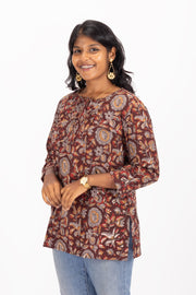 Marron Jahota Hand block Printed Cotton Kurti 10072394