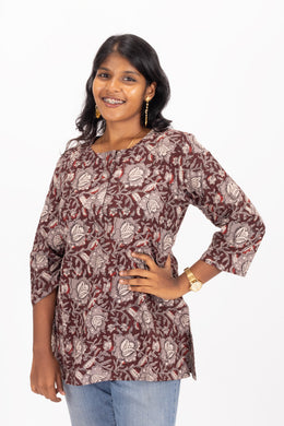 Brown Jahota Hand block Printed Cotton Kurti 10072396