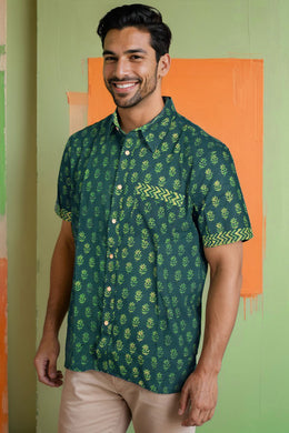 Indigo Handblock Print Pre-Washed Pure Cotton Shirt 10075461