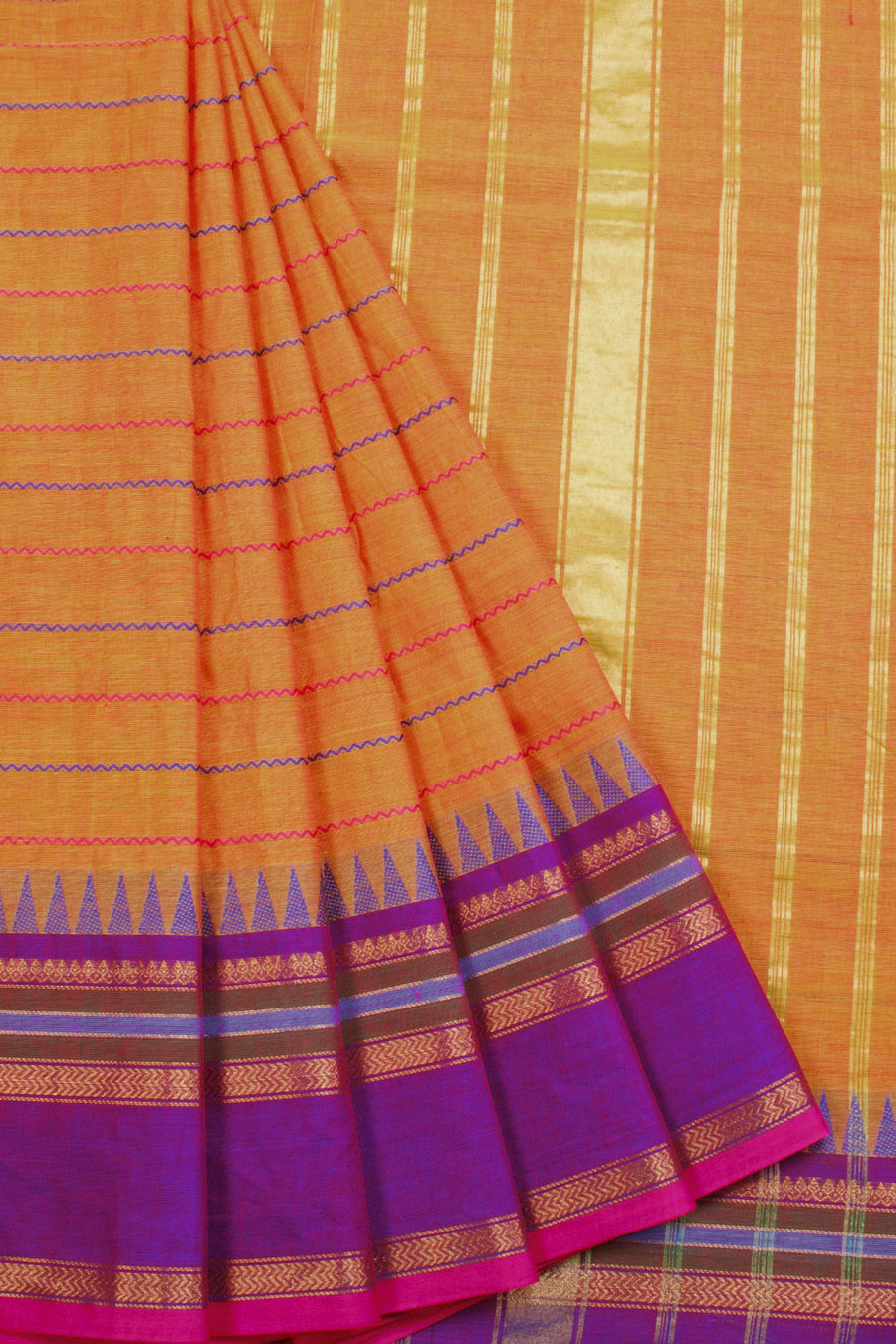 Orange Handwoven Kanchi Cotton Saree 10069313 - Avishya