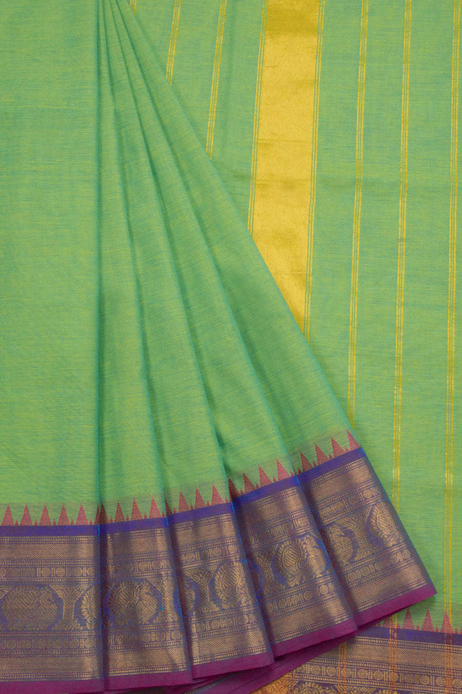 Dual Tone Green Handwoven Kanchi Cotton Saree 10069368 - Avishya