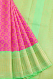 Brilliant Rose Korvai Kanjivaram Pure Zari Handloom Silk Saree with Floral Trellis Motifs and Contrast Green Zari Border 10062462