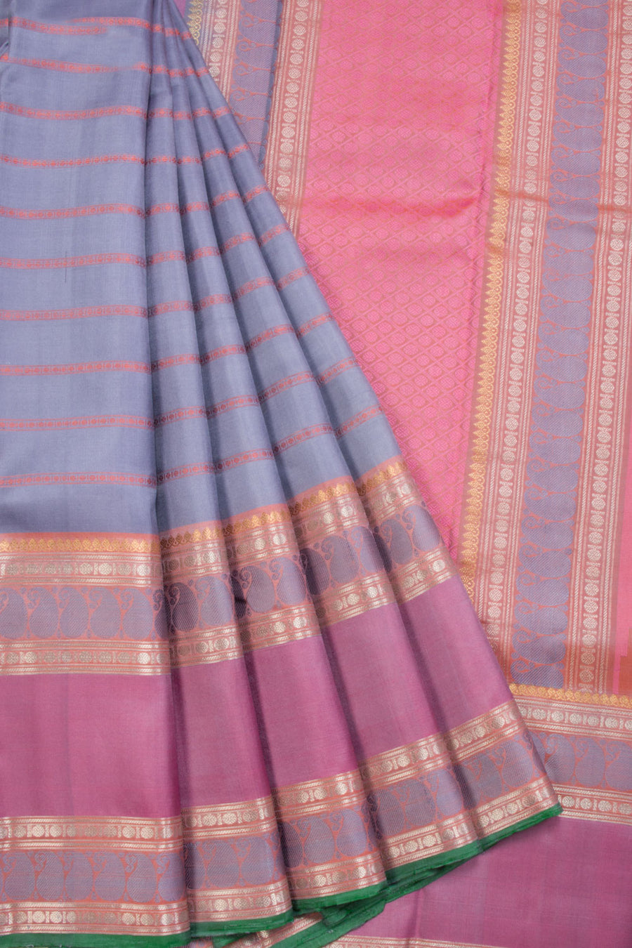 Grey Handloom Threadwork Kanjivaram Silk Saree 10069270 - Avishya