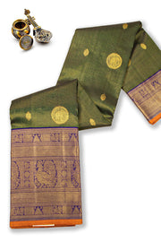 Rifle Green Bridal Korvai Kanjivaram Pure Zari Handloom Silk Saree with Elephant Motifs and Contrast Dark Blue Border 10075537