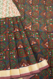 Beige Hand Block Print Dhaniakhali Cotton Saree 10068900 - Avishya