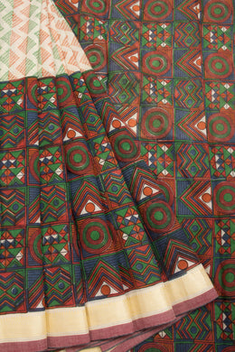 Beige Hand Block Print Dhaniakhali Cotton Saree 10068900 - Avishya