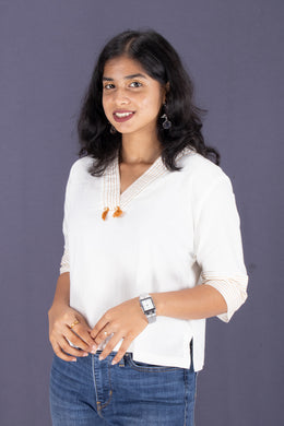 White Shawl Neck Cotton Crop Top 10068097