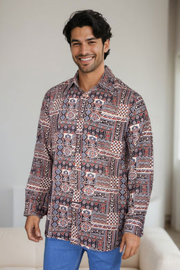 Black Full Sleeve Ajrakh Printed Cotton Mens Shirt 10071156