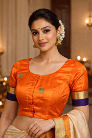 Saffron Glow Orange Kanjivaram Soft Silk Blouse With Geometric Motifs 10076619