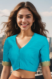 Capri Blue Aari Embroidered Mangalgiri Cotton Blouse 10073406