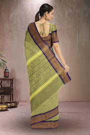 Pistachio Green Chettinad Cotton Saree with Stripes and Peacock Zari Border 10075911