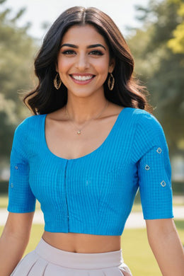 Blue Slub Cotton Embroidered Blouse 10071366