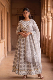 Mist Grey Hand Block Printed Cotton Chaniya Choli With Kota Doria Dupatta 10066312