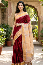 Maroon Handloom Gadwal Kuttu Cotton Saree With Silk Zari Border 10077074