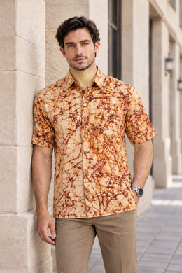 Yellow Half Sleeve Batik Printed Cotton Mens Shirt 10076354