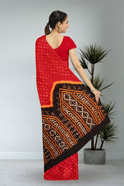 Red Bandhani Mulmul Cotton Saree 10075500