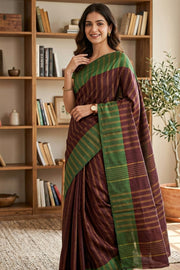 Brown Kanjivaram Vegan Silk Saree With Stripes Design 10076351