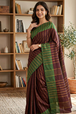 Brown Kanjivaram Vegan Silk Saree With Stripes Design 10076351
