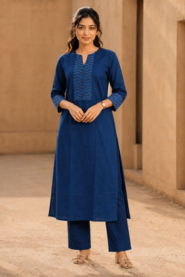 Blue Hand Block Cotton Kurta with Embroidered Yoke 10077660