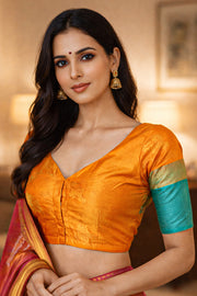 Amber Honey Yellow Kanjivaram Soft Silk Blouse With Contrast Border And Floral Motifs 10076628