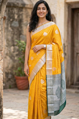Yellow Kanjivaram Vegan Silk Saree with Contrast Pallu 10074870