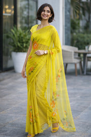 Yellow Hand Painted Organza Saree 10065944