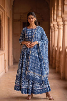 Blue Hand Block Printed Cotton Chaniya Choli With Kota Doria Dupatta 10066326
