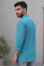 Blue Full Sleeve Slub Cotton Solid Style Men's Kurta 10074258