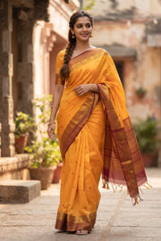 Mustard Yellow Handloom Kanchi Silk Cotton Saree 10077995