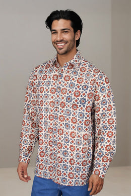 Cream Full Sleeve Ajrakh Printed Cotton Mens Shirt 10071159