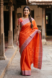 Orange Vegan Silk Kanjivaram Saree with Stripe Design 10077933