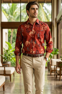 Red Full Sleeve Ajrakh Printed Cotton Mens Shirt 10076859