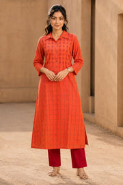 Orange Hand Embroidered Cotton Kurta 10077655
