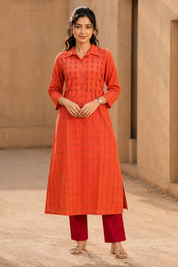Orange Hand Embroidered Cotton Kurta 10077655