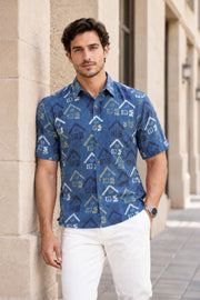 Blue Half Sleeve Ajrakh Printed Cotton Mens Shirt 10073052