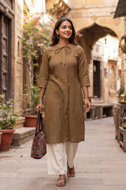 Brown Handcrafted Slub Cotton Kurta 10077428