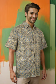 Green Half Sleeve Ajrakh Printed Cotton Mens Shirt 10071093