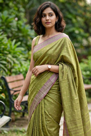 Moss Green Kanjivaram Vegan Viscose Silk Saree with Color Block Design 10075553