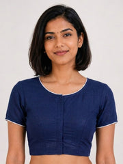 Blue Handcrafted Slub Cotton Solid Style Blouse 10073185