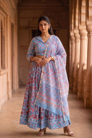 Blue Hand Block Printed Cotton Chaniya Choli With Kota Doria Dupatta 10066328